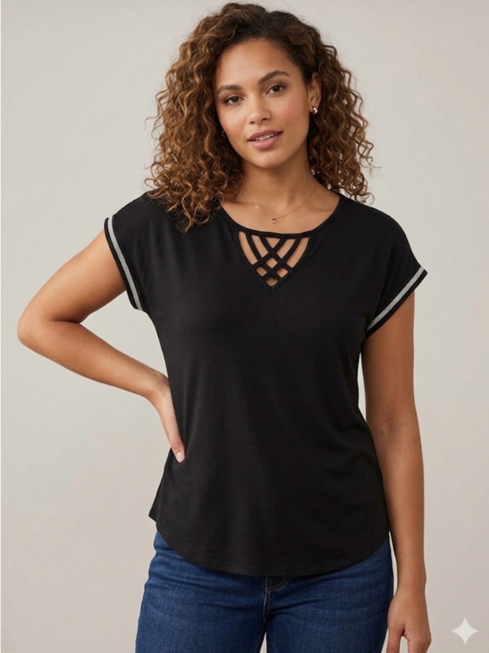 Black Short-Sleeve Top with Lattice V-Neck Detail